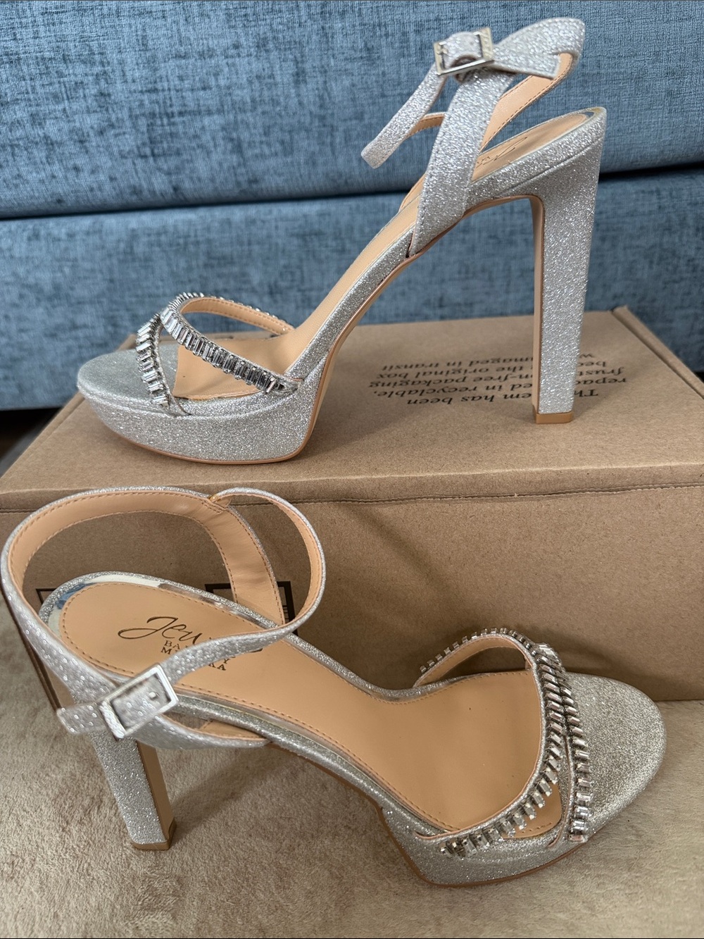 Jewel Badgley Mischka Gallant Silver Glitter Platform Ankle-Strap Heels